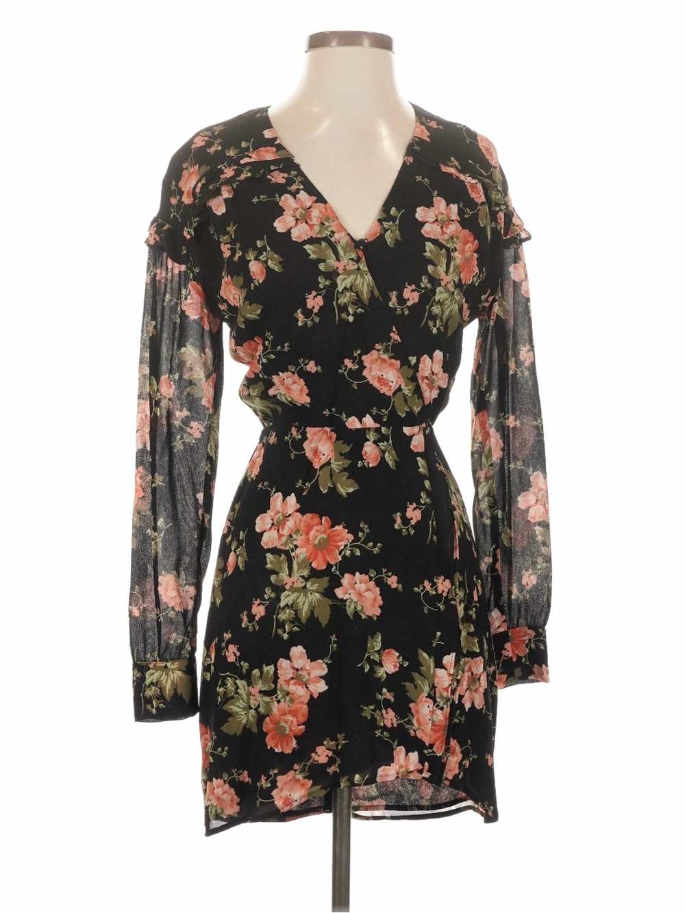 Reformation Black Floral V-Neck Mini Dress with Coral Roses Size 0